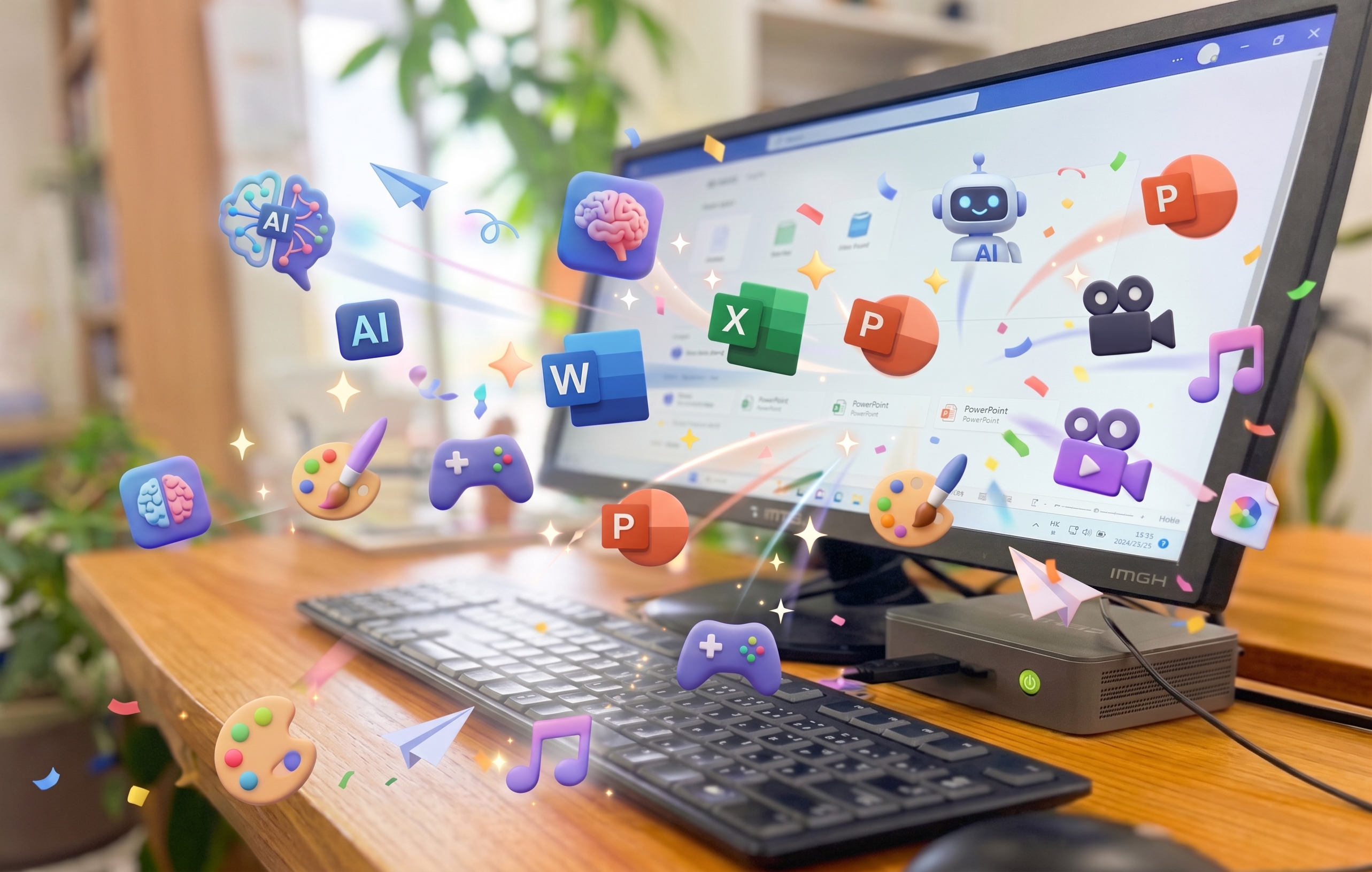 デスクトップパソコンと、Word・Excel・PowerPoint・生成AIなどの学習イメージ